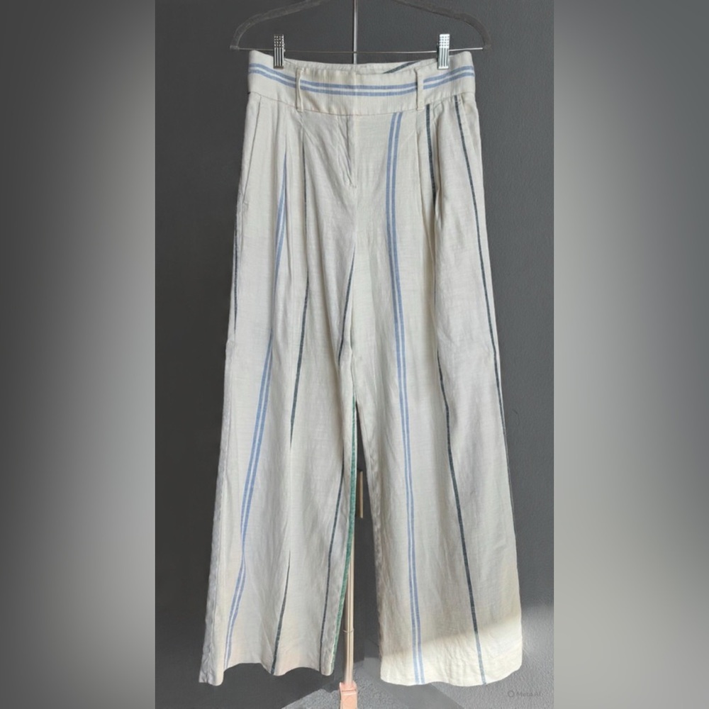 Ann Taylor Cream Wide-Leg Trousers with Blue Stripe